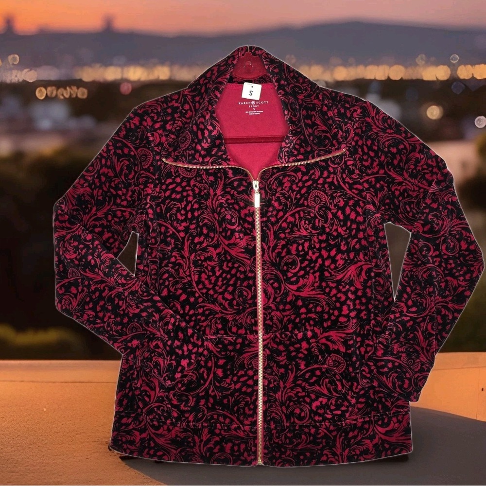 Style & Co Sport Velvet Jacket Full Zip Floral Print Red/Black Women's SZ: SMALL